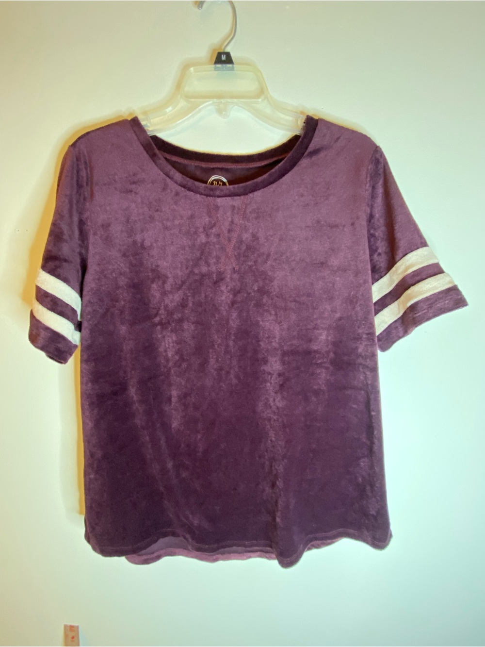 Maurices Purple Velvet Short-Sleeve Tee with White Sleeve Stripes